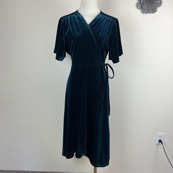 R. Vivimos Dress Womens XL Teal Velvet Wrap Midi Party Whimsigoth Holiday - Picture 1 of 7